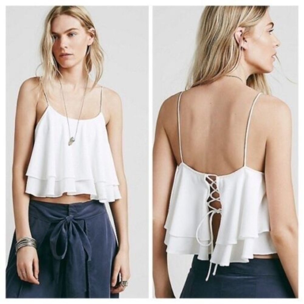 Free People Tropical Wave Cream Lace Back Crop Tank Top - M